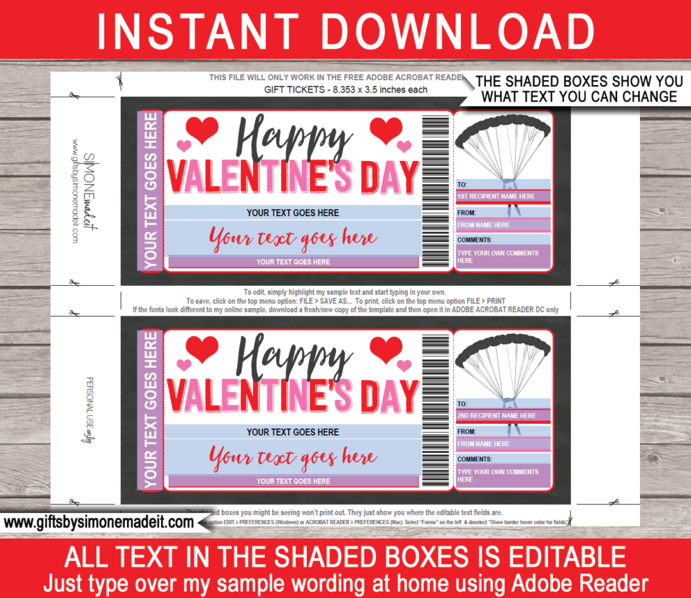 Valentine's Day Skydiving Ticket Template | Printable Gift Voucher Certificate Card | DIY with Editable Text | INSTANT DOWNLOAD via giftsbysimonemadeit.com