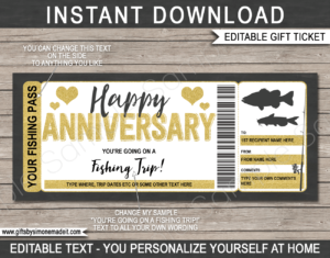 Anniversary Fishing Trip Ticket Template | Surprise Fishing Trip Reveal Gift Idea | Card Voucher Certificate | Fake Faux Pretend Ticket | DIY Editable & Printable Template | Instant Download via giftsbysimonemadeit.com