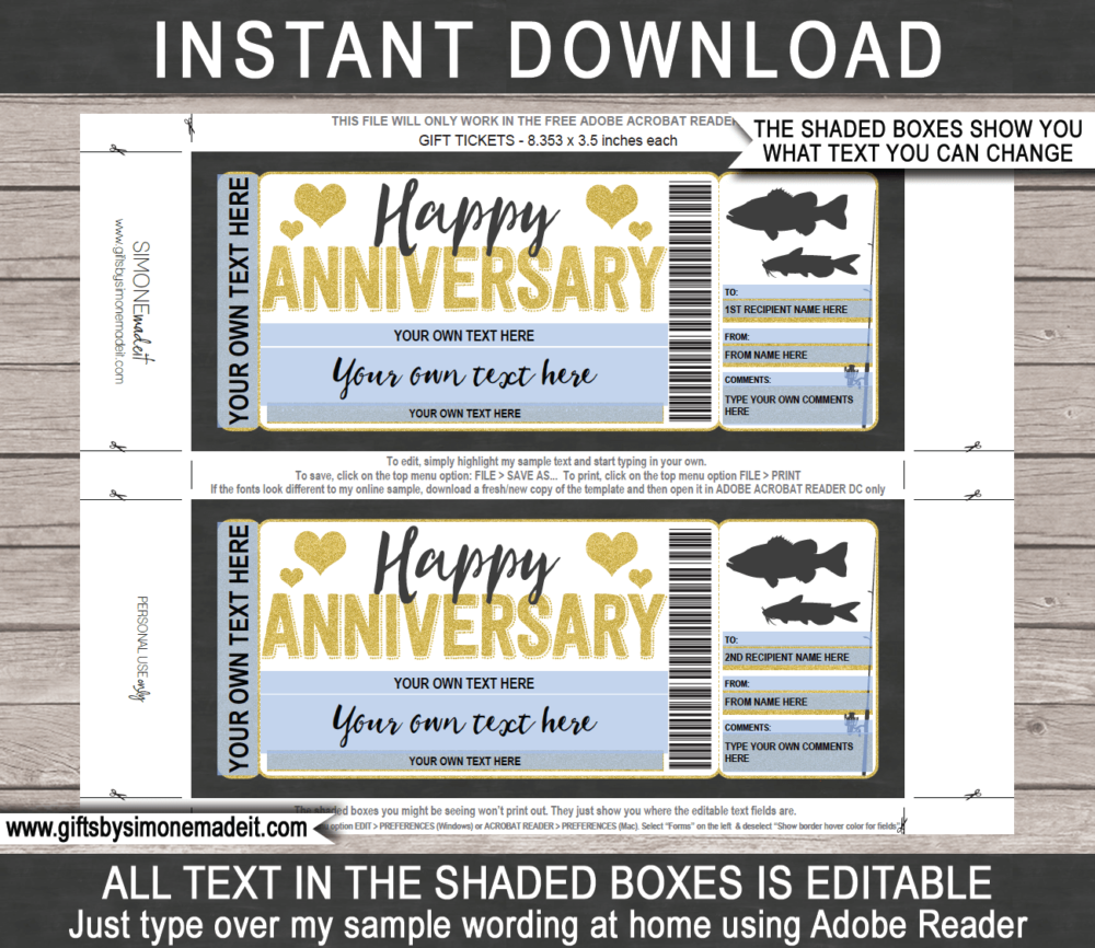 Anniversary Fishing Trip Ticket Template | Surprise Fishing Trip Reveal Gift Idea | Card Voucher Certificate | Fake Faux Pretend Ticket | DIY Editable & Printable Template | Instant Download via giftsbysimonemadeit.com