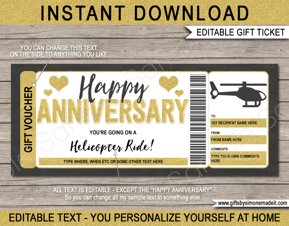Anniversary Helicopter Ride Ticket Template | Printable Ticket to Ride Gift Idea | Voucher Certificate Card | DIY with Editable Text | INSTANT DOWNLOAD via www.giftsbysimonemadeit.com