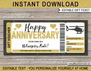 Anniversary Helicopter Ride Ticket Template | Printable Ticket to Ride Gift Idea | Voucher Certificate Card | DIY with Editable Text | INSTANT DOWNLOAD via www.giftsbysimonemadeit.com