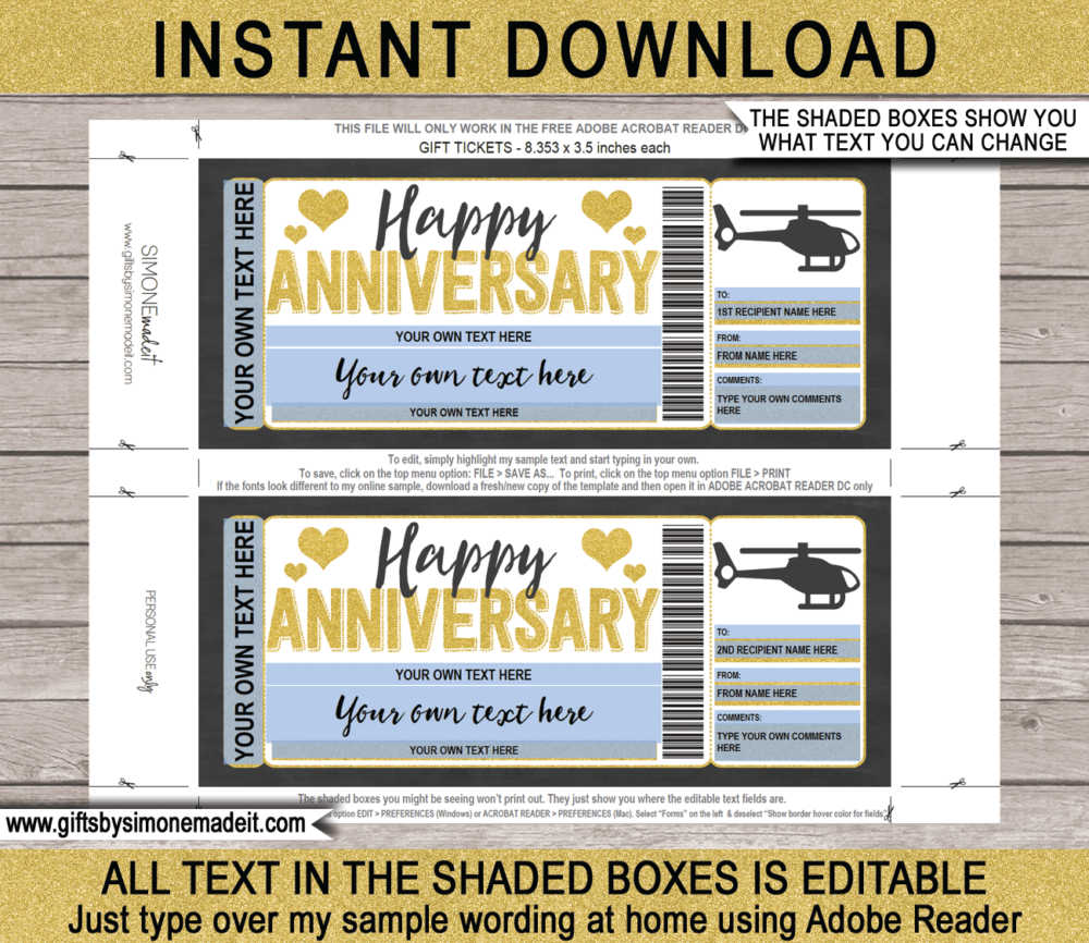 Anniversary Helicopter Ride Ticket Template | Printable Ticket to Ride Gift Idea | Voucher Certificate Card | DIY with Editable Text | INSTANT DOWNLOAD via www.giftsbysimonemadeit.com