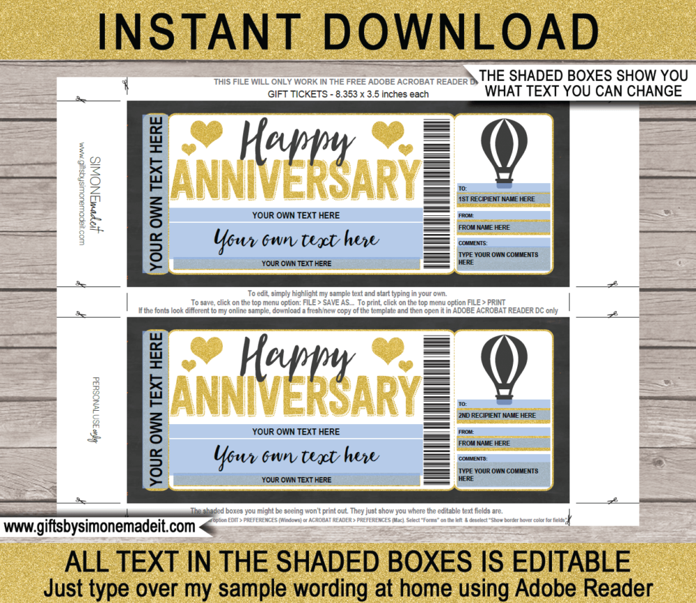 Anniversary Hot Air Balloon Ticket Template | Printable Gift Voucher Certificate Card | DIY with Editable Text | INSTANT DOWNLOAD via www.giftsbysimonemadeit.com