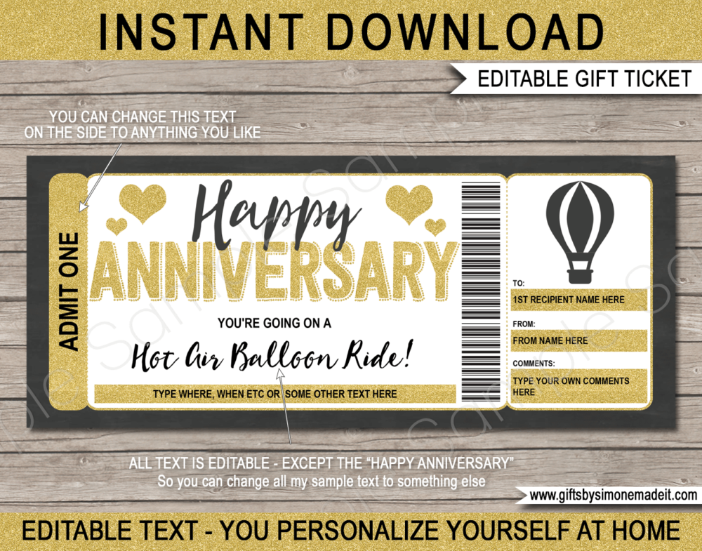 Anniversary Hot Air Balloon Ticket Template | Printable Gift Voucher Certificate Card | DIY with Editable Text | INSTANT DOWNLOAD via www.giftsbysimonemadeit.com
