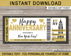 Anniversary New York Trip Ticket Template | Surprise NY Vacation Reveal Gift Idea | Travel Ticket | DIY Printable with Editable Text | INSTANT DOWNLOAD via giftsbysimonemadeit.com