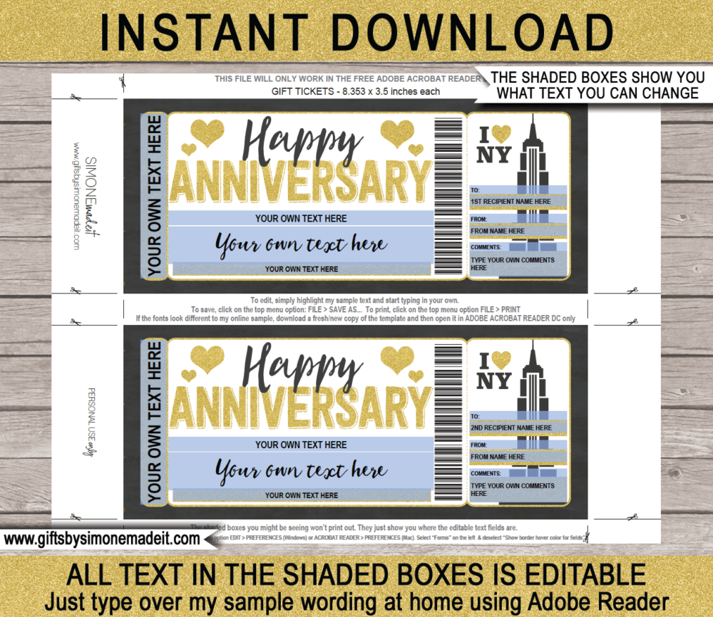 Anniversary New York Trip Ticket Template | Surprise NY Vacation Reveal Gift Idea | Travel Ticket | DIY Printable with Editable Text | INSTANT DOWNLOAD via giftsbysimonemadeit.com