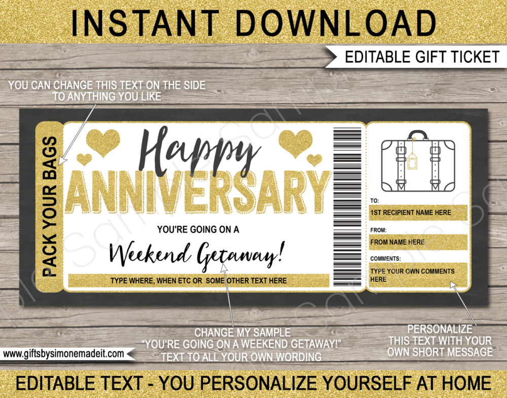 Anniversary Weekend Away Voucher Template | Pack Your Bags Gift Ticket | Surprise Trip Reveal Gift Idea | Printable Travel Ticket | Getaway, Hotel Stay, Romantic Vacation INSTANT DOWNLOAD via giftsbysimonemadeit.com