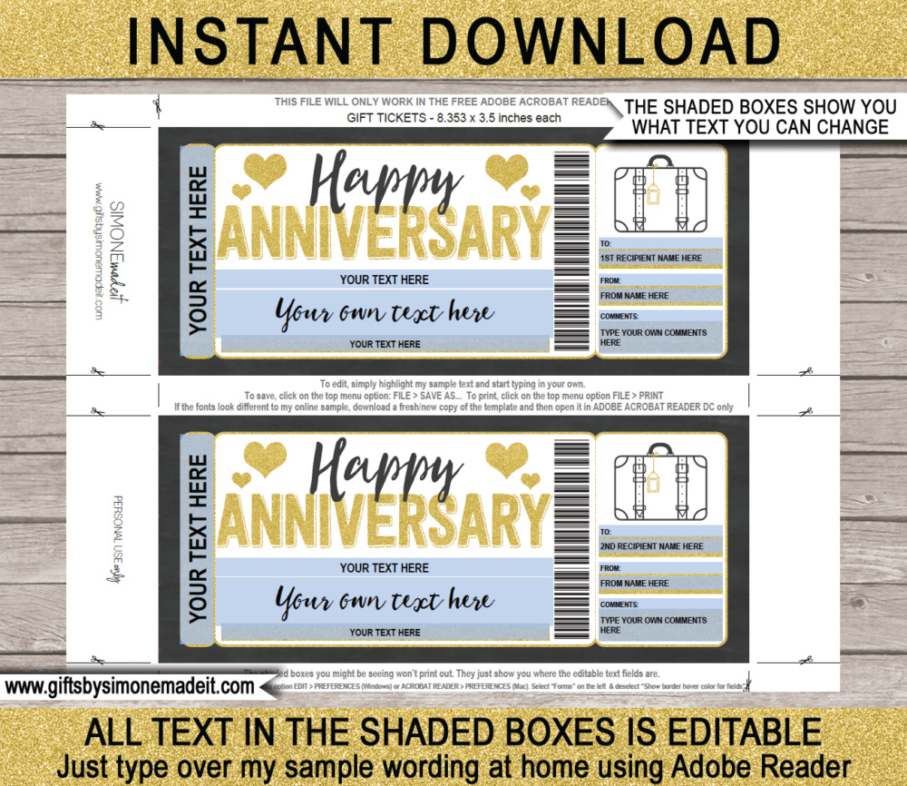 Anniversary Weekend Away Voucher Template | Pack Your Bags Gift Ticket | Surprise Trip Reveal Gift Idea | Printable Travel Ticket | Getaway, Hotel Stay, Romantic Vacation INSTANT DOWNLOAD via giftsbysimonemadeit.com