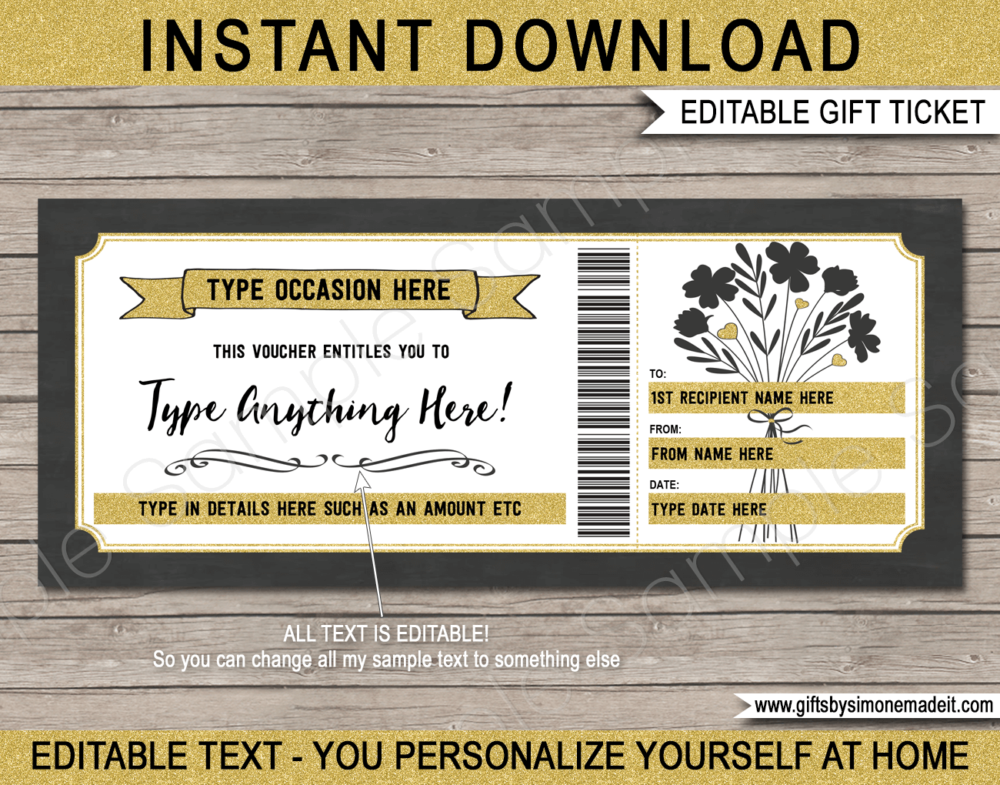 Gold Printable Gift Voucher Template | DIY Gift Certificate with Editable Text | Gift Card | Experience or Last Minute Gift Idea | Flower Bouquet | INSTANT DOWNLOAD via giftsbysimonemadeit.com