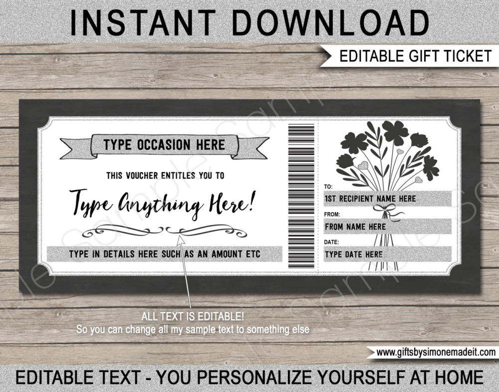 Silver Printable Gift Voucher Template | DIY Gift Certificate with Editable Text | Gift Card | Experience or Last Minute Gift Idea | Flower Bouquet | INSTANT DOWNLOAD via giftsbysimonemadeit.com
