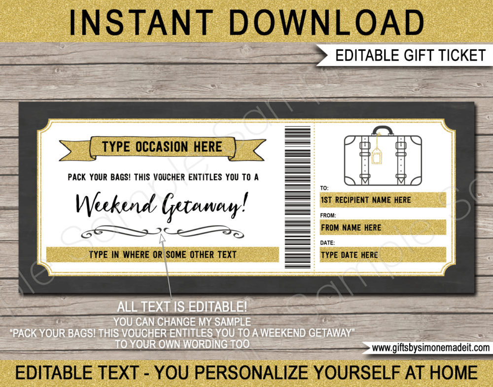 Gold Printable Weekend Away Voucher Template | Pack Your Bags Gift Card | Surprise Trip Reveal Gift Idea | Printable Travel Ticket | Getaway, Hotel Stay, Vacation INSTANT DOWNLOAD via giftsbysimonemadeit.com