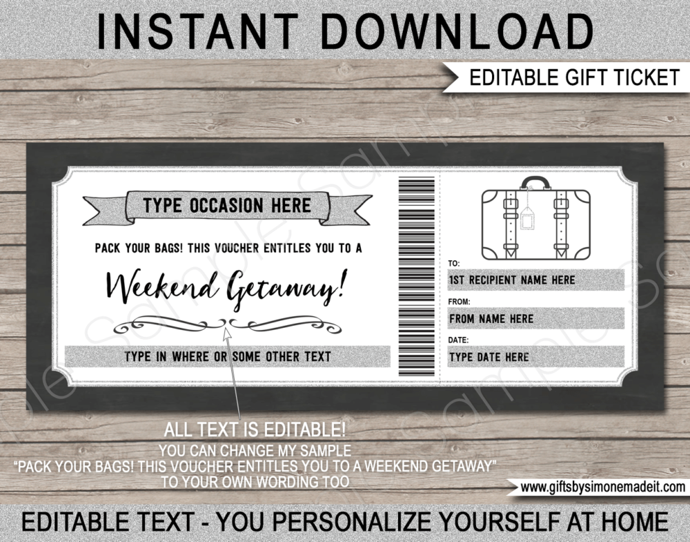 Silver Printable Weekend Away Voucher Template | Pack Your Bags Gift Card | Surprise Trip Reveal Gift Idea | Printable Travel Ticket | Getaway, Hotel Stay, Vacation INSTANT DOWNLOAD via giftsbysimonemadeit.com