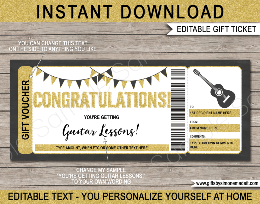 Congratulations Guitar Lessons Voucher Template | Printable Gift Certificate Card | DIY with Editable Text | INSTANT DOWNLOAD via giftsbysimonemadeit.com
