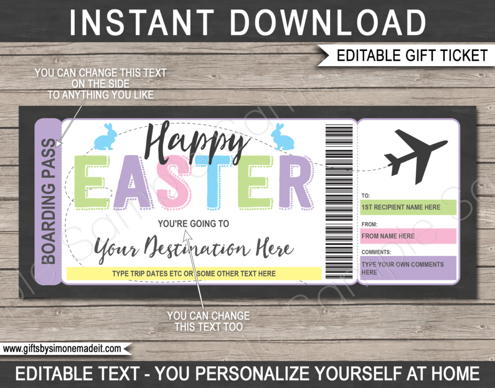 Printable Easter Boarding Pass Template | Surprise Trip Reveal Gift Idea | DIY Fake Plane Ticket with Editable Text | INSTANT DOWNLOAD via giftsbysimonemadeit.com