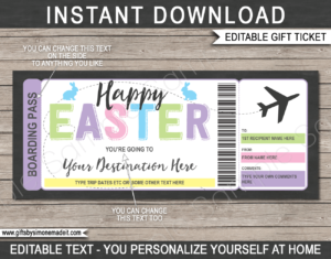 Printable Easter Boarding Pass Template | Surprise Trip Reveal Gift Idea | DIY Fake Plane Ticket with Editable Text | INSTANT DOWNLOAD via giftsbysimonemadeit.com