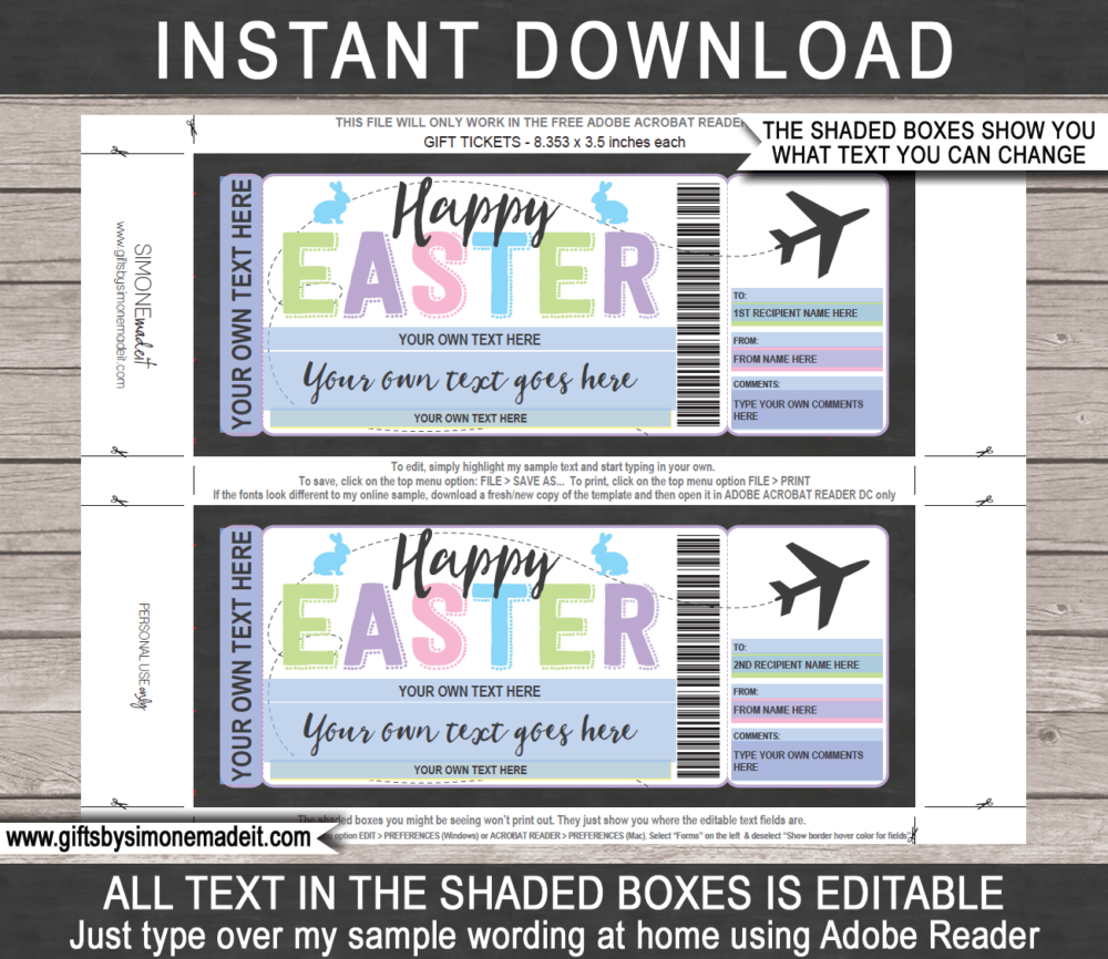 Printable Easter Boarding Pass Template | Surprise Trip Reveal Gift Idea | DIY Fake Plane Ticket with Editable Text | INSTANT DOWNLOAD via giftsbysimonemadeit.com