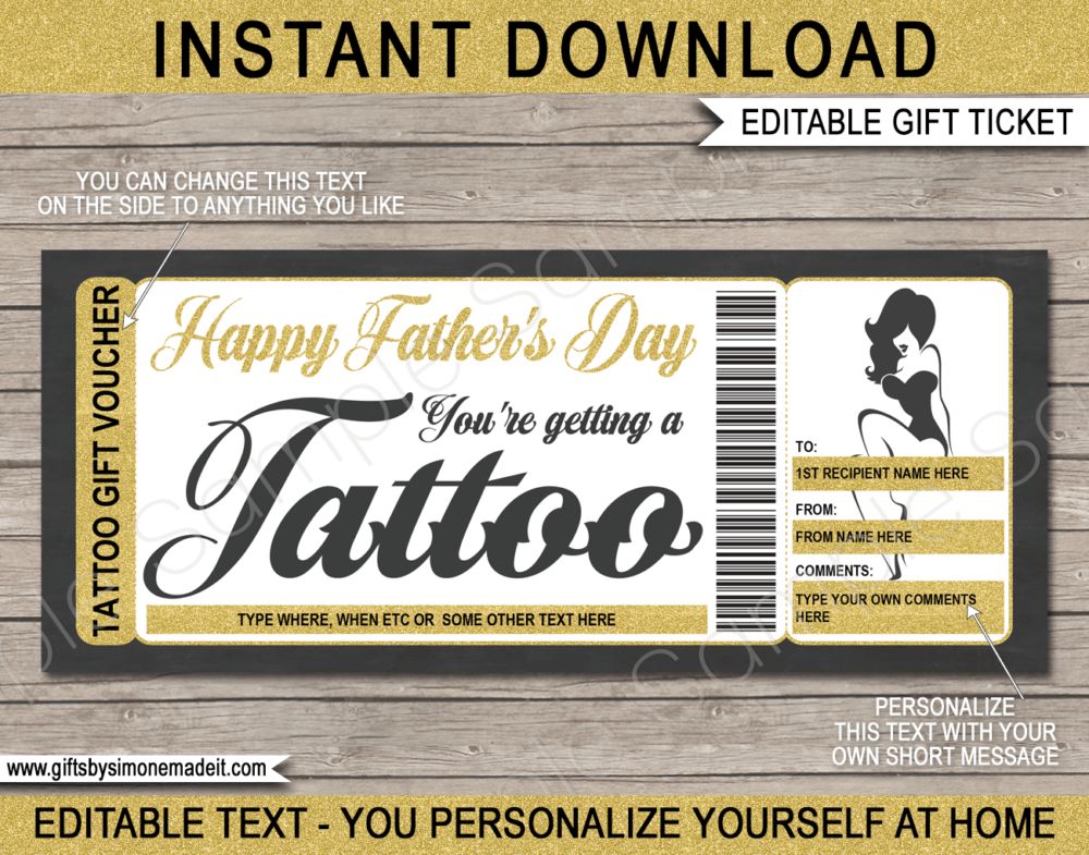 Father's Day Tattoo Gift Certificate Template | Retro Pinup Design | DIY Printable Gift Voucher with Editable Text | Last Minute Gift Idea for Dad | Get Inked | INSTANT DOWNLOAD via giftsbysimonemadeit.com