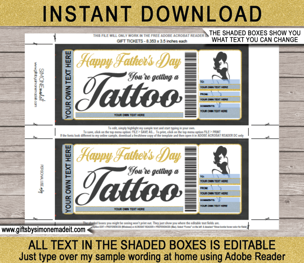 Father's Day Tattoo Gift Certificate Template | Heart Design | DIY Printable Gift Voucher with Editable Text | Last Minute Gift Idea for Dad | Get Inked | INSTANT DOWNLOAD via giftsbysimonemadeit.com