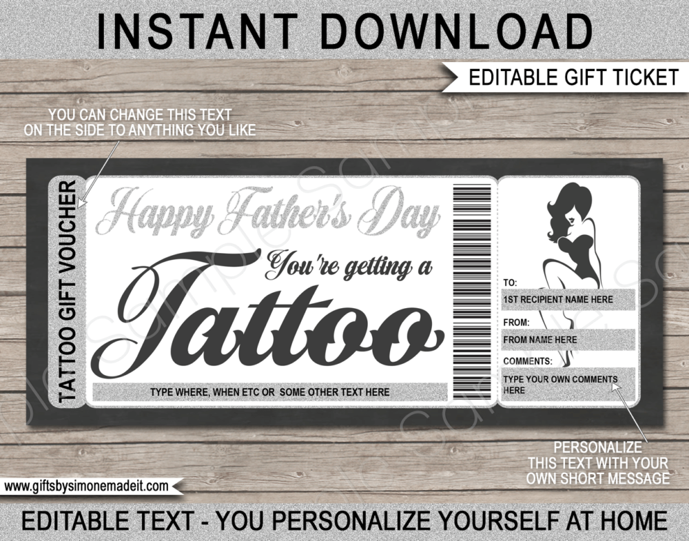 Fathers Day Tattoo Gift Certificate Template | Heart Design | DIY Printable Gift Voucher with Editable Text | Last Minute Gift Idea for Dad | Get Inked | INSTANT DOWNLOAD via giftsbysimonemadeit.com