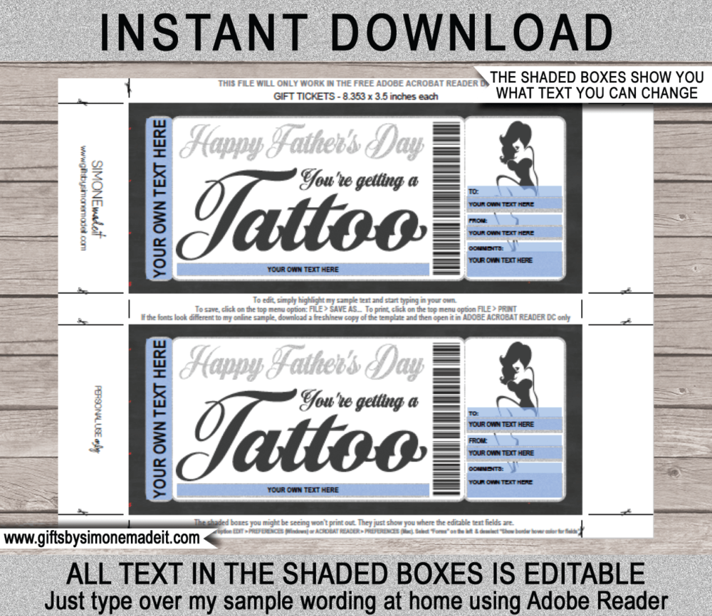 Fathers Day Tattoo Gift Certificate Template | Heart Design | DIY Printable Gift Voucher with Editable Text | Last Minute Gift Idea for Dad | Get Inked | INSTANT DOWNLOAD via giftsbysimonemadeit.com
