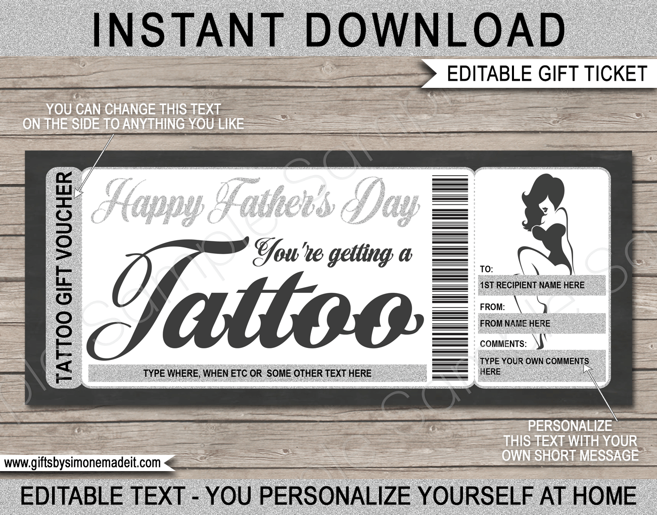 Tattoo Ticket Gift Certificate Personalised Coupon (Instant