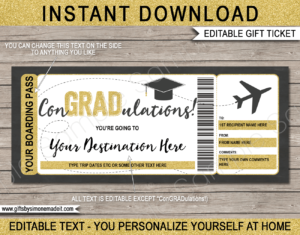 Printable Graduation Boarding Pass Template | Surprise Grad Trip Plane Ticket Gift Idea | Trip Reveal | ConGRADulations | DIY Editable Text | INSTANT DOWNLOAD via giftsbysimonemadeit.com