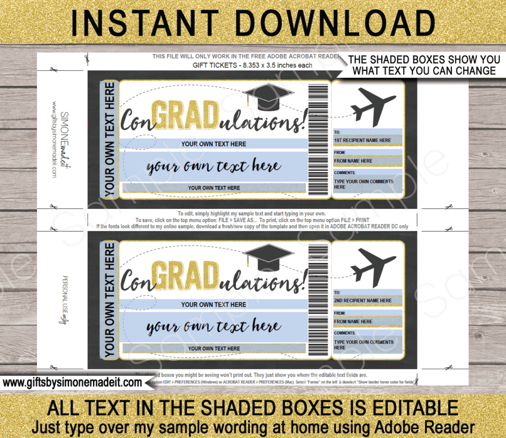 Printable Graduation Boarding Pass Template | Surprise Grad Trip Plane Ticket Gift Idea | Trip Reveal | ConGRADulations | DIY Editable Text | INSTANT DOWNLOAD via giftsbysimonemadeit.com