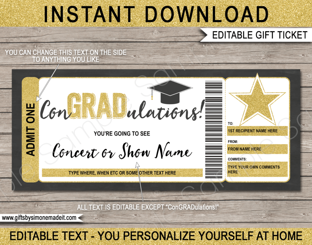 Graduation Concert Ticket Gift Template | Surprise Tickets to a Concert, Show, Performance, Band, Artist, Music Festival, Movie | Editable & Printable DIY Voucher | Last Minute Gift | ConGRADulations | Instant Download via giftsbysimonemadeit.com