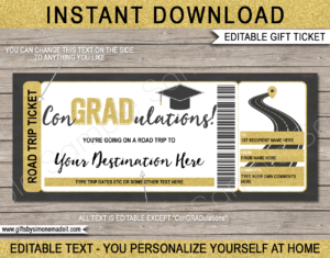 Graduation Surprise Road Trip Ticket Template | Printable ConGRADulations Gift Voucher Certificate | Driving Holiday by Car, RV, Motorhome, Motorbike | DIY with Editable Text | INSTANT DOWNLOAD via giftsbysimonemadeit.com