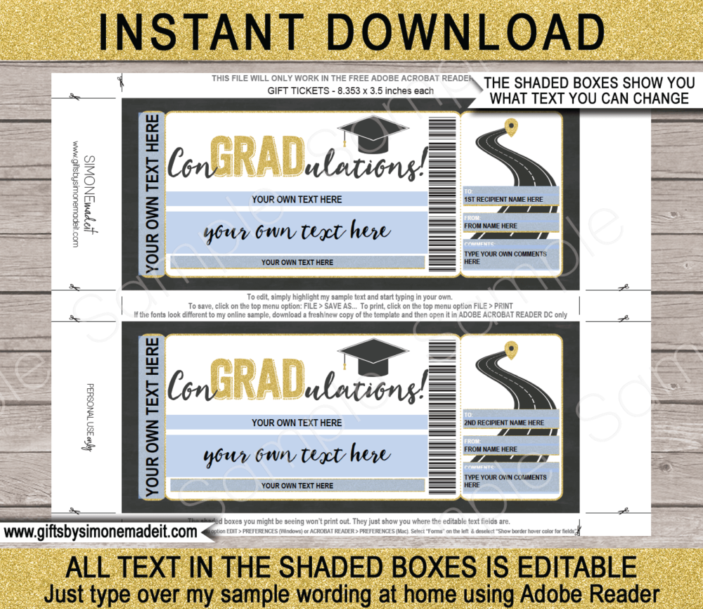 Graduation Surprise Road Trip Ticket Template | Printable ConGRADulations Gift Voucher Certificate | Driving Holiday by Car, RV, Motorhome, Motorbike | DIY with Editable Text | INSTANT DOWNLOAD via giftsbysimonemadeit.com