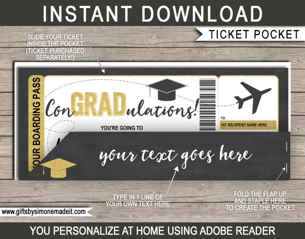 Printable Graduation Boarding Pass Plane Ticket & Matching Ticket Holder Template | Congradulations | DIY Printable with Editable Text | INSTANT DOWNLOAD via giftsbysimonemadeit.com