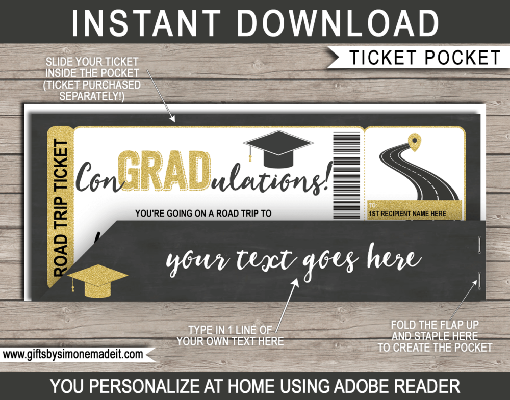 Printable Graduation Road Trip Ticket & Matching Ticket Holder Template | Congradulations | DIY Printable with Editable Text | INSTANT DOWNLOAD via giftsbysimonemadeit.com