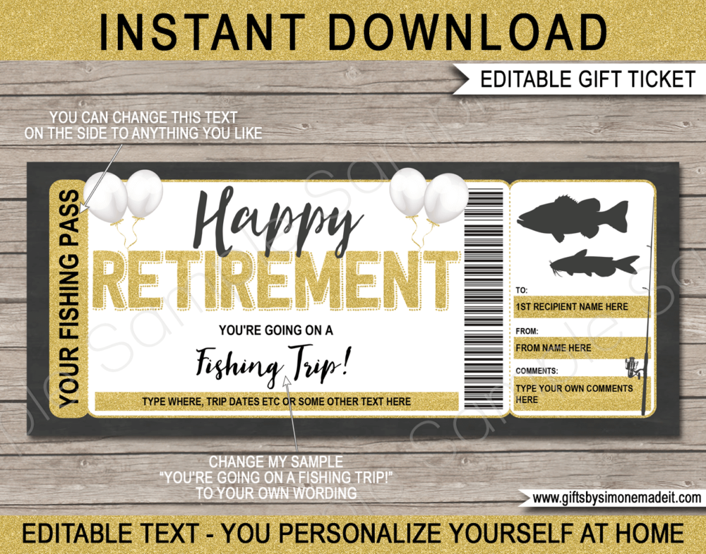 Retirement Fishing Trip Ticket Template | Surprise Fishing Trip Reveal Gift Idea | Card Voucher Certificate | Fake Faux Pretend Ticket | DIY Editable & Printable Template | Instant Download via giftsbysimonemadeit.com