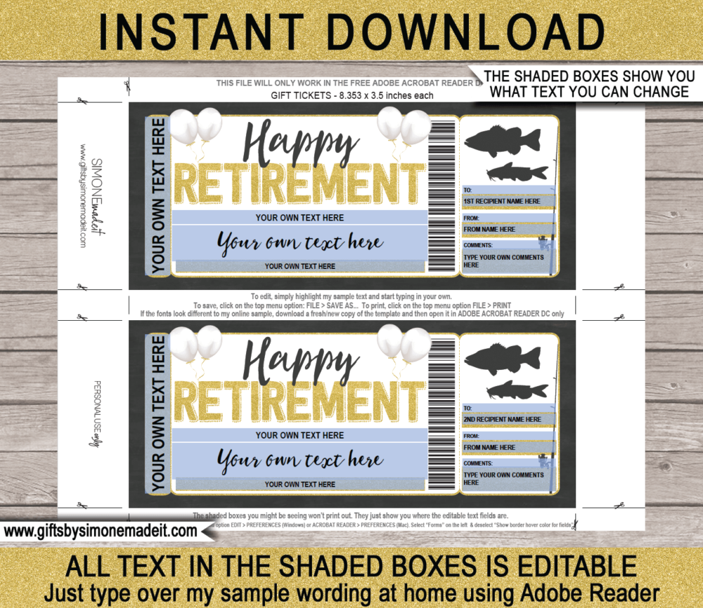 Retirement Fishing Trip Ticket Template | Surprise Fishing Trip Reveal Gift Idea | Card Voucher Certificate | Fake Faux Pretend Ticket | DIY Editable & Printable Template | Instant Download via giftsbysimonemadeit.com