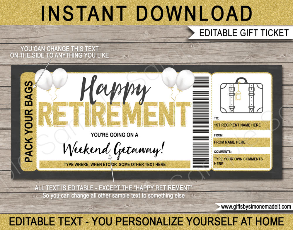 Retirement Weekend Away Voucher Template | Pack Your Bags Gift Ticket | Surprise Trip Reveal Gift Idea | Printable Travel Ticket | Getaway, Hotel Stay, Vacation INSTANT DOWNLOAD via giftsbysimonemadeit.com