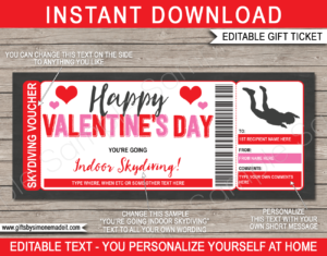 Valentine's Day Indoor Skydiving Ticket Template | Printable Gift Voucher Certificate | iFLY, Wind Tunnel, Bodyflight, Sky Diving Simulator | DIY with Editable Text | INSTANT DOWNLOAD via giftsbysimonemadeit.com