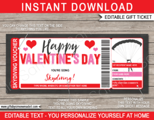 Valentine's Day Skydiving Ticket Template | Printable Gift Voucher Certificate Card | DIY with Editable Text | INSTANT DOWNLOAD via giftsbysimonemadeit.com
