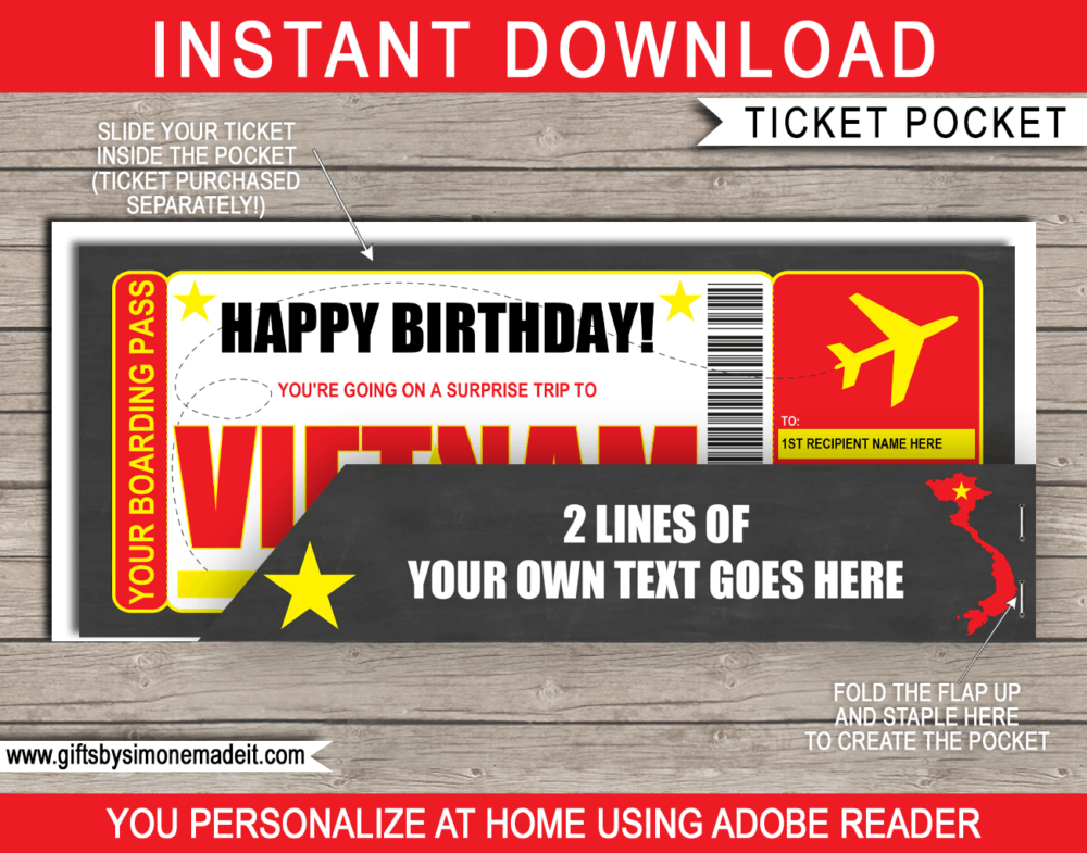Printable Vietnam Ticket Pocket Template | Boarding Pass Sleeve, Envelope | Holder for gift certificates, tickets, plane tickets or money | DIY Editable Text | INSTANT DOWNLOAD via giftsbysimonemadeit.com