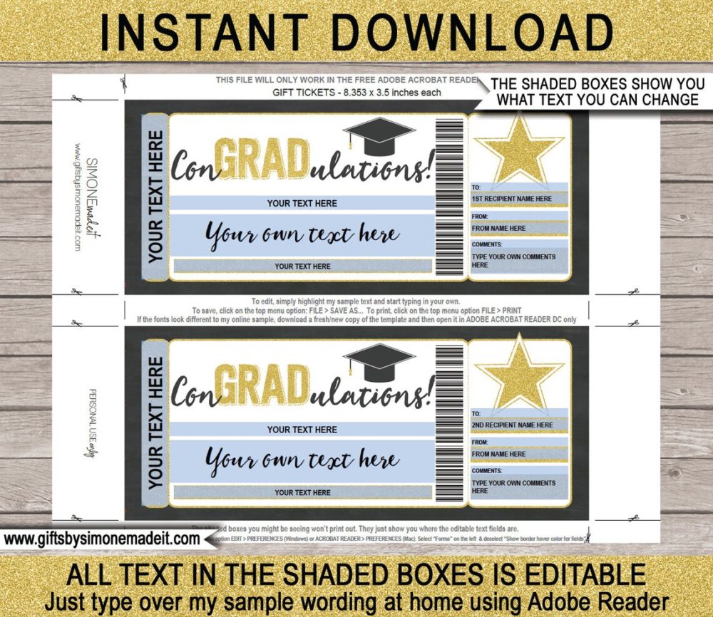 Graduation Concert Ticket Gift Template | Surprise Tickets to a Concert, Show, Performance, Band, Artist, Music Festival, Movie | Editable & Printable DIY Voucher | Last Minute Gift | ConGRADulations | Instant Download via giftsbysimonemadeit.com