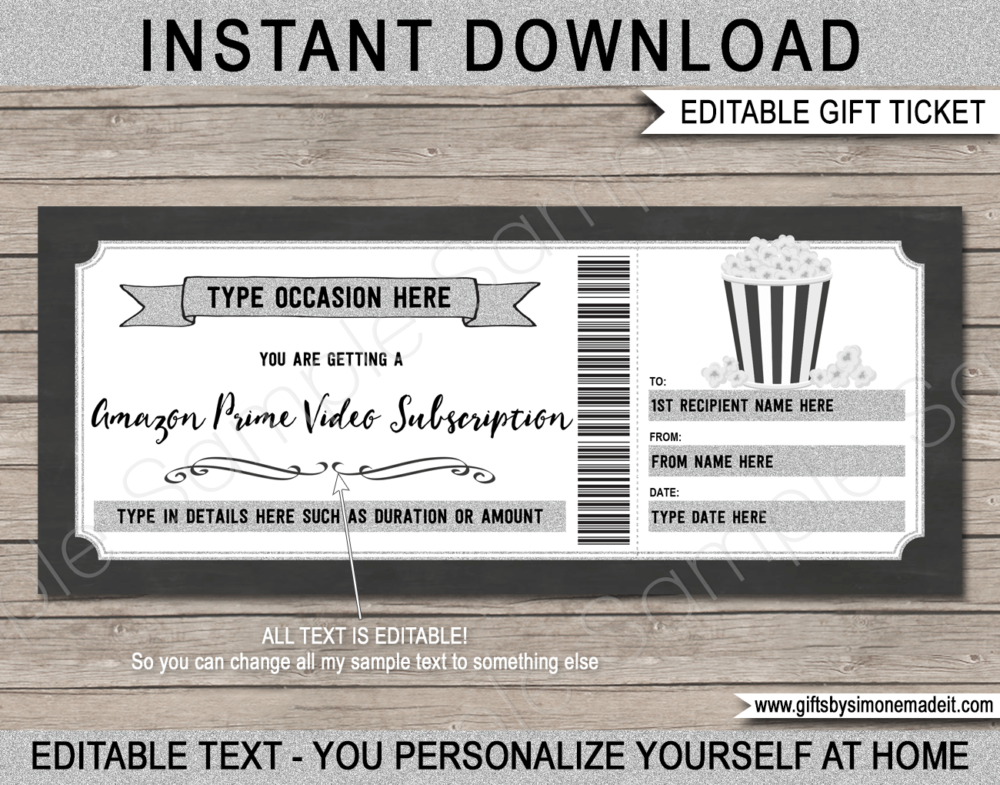 Amazon Prime Video Streaming Subscription Voucher Template | Movie or TV Online Subscription Service Gift Certificate Card | DIY Printable with Editable Text | INSTANT DOWNLOAD via giftsbysimonemadeit.com
