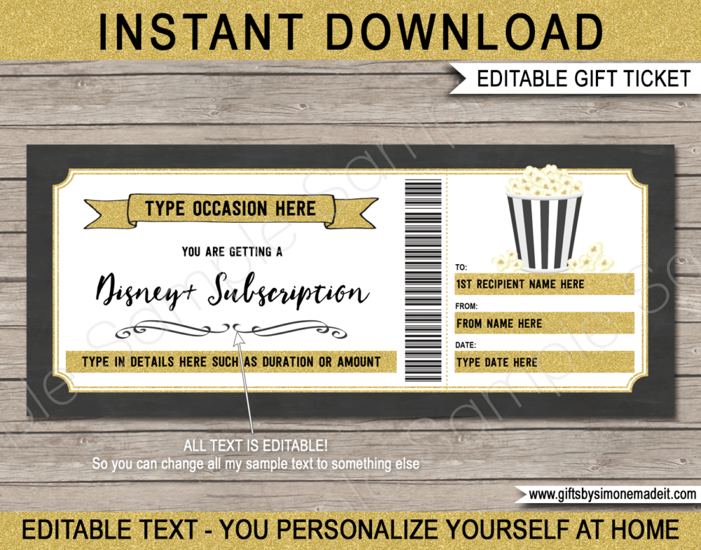 Disney+ Streaming Subscription Voucher Template | Movie or TV Online Subscription Service Gift Certificate Card | DIY Printable with Editable Text | INSTANT DOWNLOAD via giftsbysimonemadeit.com