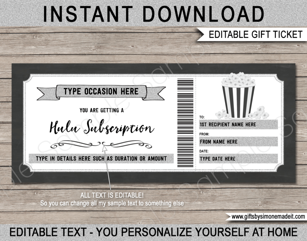 Hulu Streaming Subscription Voucher Template | Movie or TV Online Subscription Service Gift Certificate Card | DIY Printable with Editable Text | INSTANT DOWNLOAD via giftsbysimonemadeit.com