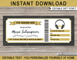 Music Streaming Subscription Voucher | Spotify Online Subscription Service Gift Certificate Card | DIY Printable with Editable Text | INSTANT DOWNLOAD via giftsbysimonemadeit.com