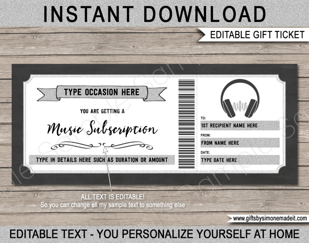Music Streaming Subscription Voucher | Spotify Online Subscription Service Gift Certificate Card | DIY Printable with Editable Text | INSTANT DOWNLOAD via giftsbysimonemadeit.com