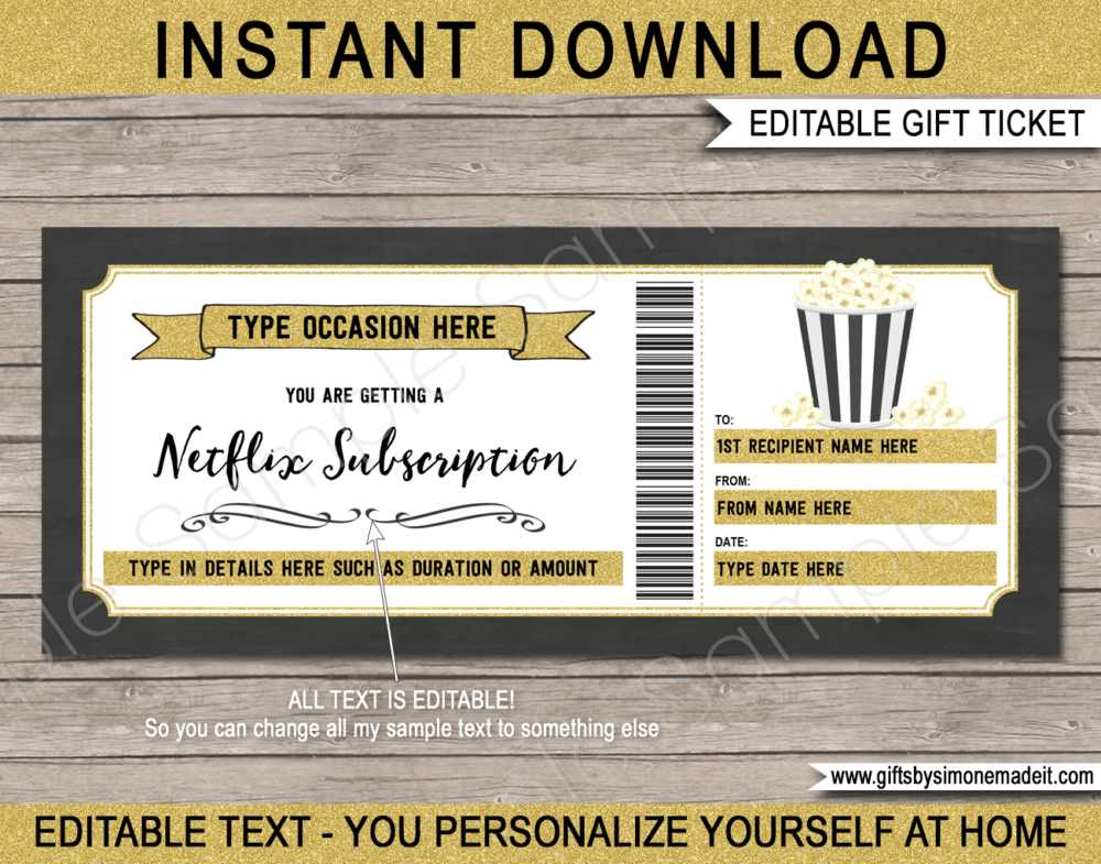 Netflix Streaming Subscription Voucher Template | Movie or TV Online Subscription Service Gift Certificate Card | DIY Printable with Editable Text | INSTANT DOWNLOAD via giftsbysimonemadeit.com