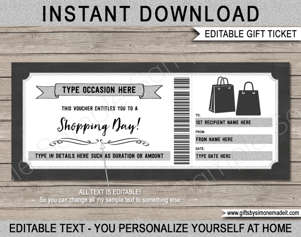 Silver Shopping Day Gift Voucher Template | DIY Printable Gift Certificate with Editable Text | INSTANT DOWNLOAD via giftsbysimonemadeit.com