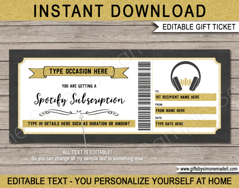 Spotify Streaming Subscription Gift Voucher Gold | Online Music Subscription Service Gift Certificate Card | DIY Printable with Editable Text | INSTANT DOWNLOAD via giftsbysimonemadeit.com
