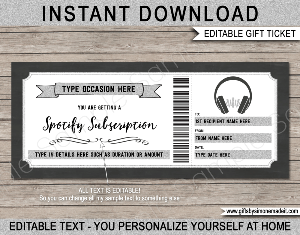 Spotify Streaming Subscription Gift Voucher Silver | Online Music Subscription Service Gift Certificate Card | DIY Printable with Editable Text | INSTANT DOWNLOAD via giftsbysimonemadeit.com