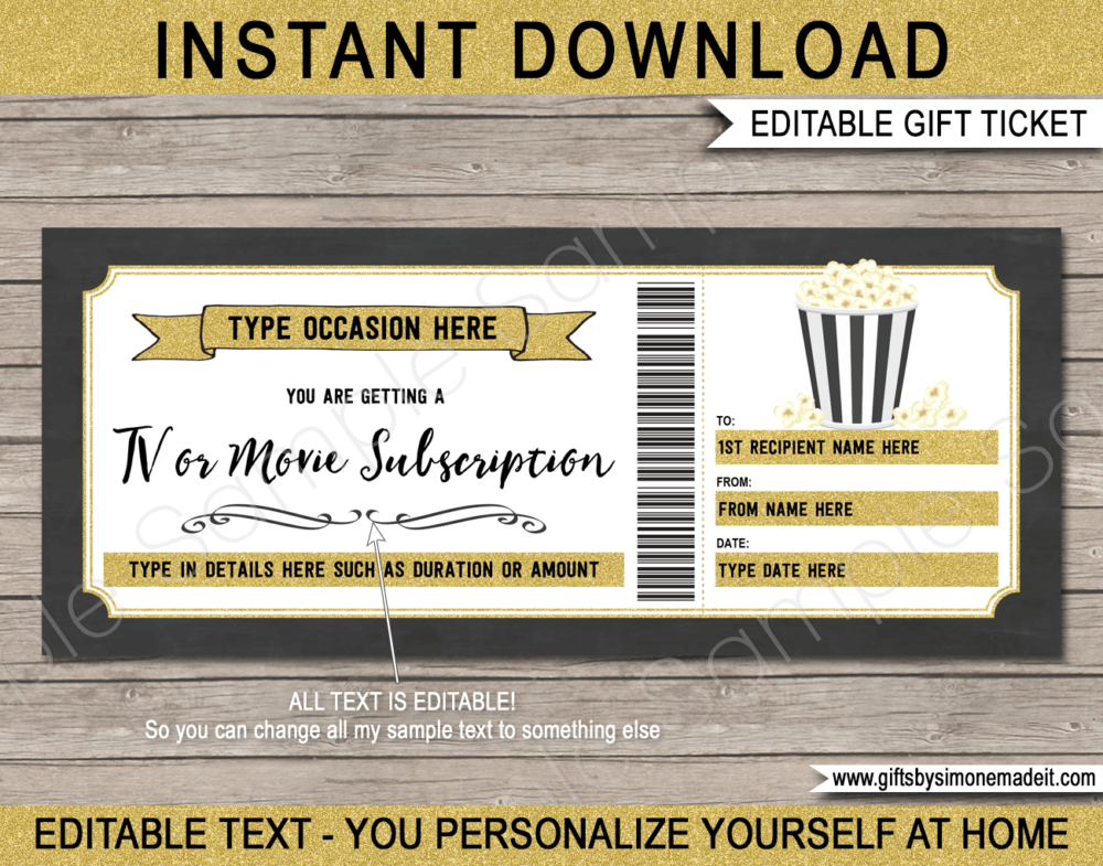 Gold TV Streaming Subscription Voucher Template | Netflix, Disney+, Hulu, Amazon Prime, Apple TV Online Movie Subscription Service Gift Certificate Card | DIY Printable with Editable Text | INSTANT DOWNLOAD via giftsbysimonemadeit.com