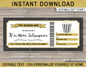 Gold TV Streaming Subscription Voucher Template | Netflix, Disney+, Hulu, Amazon Prime, Apple TV Online Movie Subscription Service Gift Certificate Card | DIY Printable with Editable Text | INSTANT DOWNLOAD via giftsbysimonemadeit.com